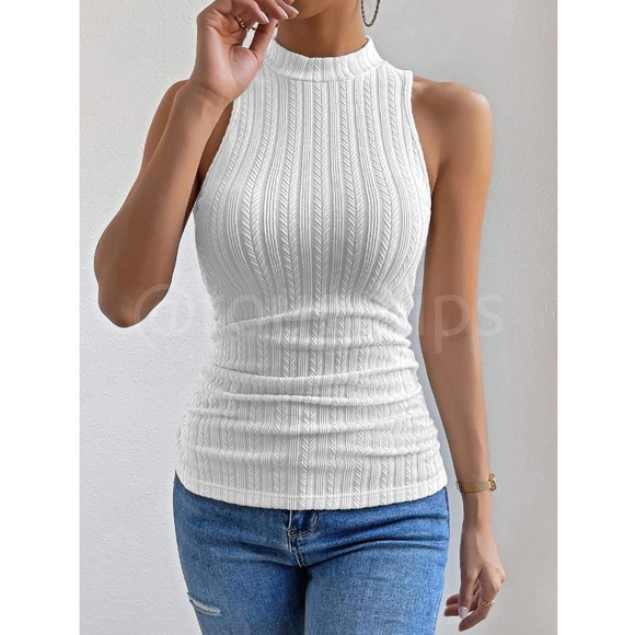 White Textured High Neck Sleeveless Tank Top Slim Fit Stretchy - Picture 4 of 9